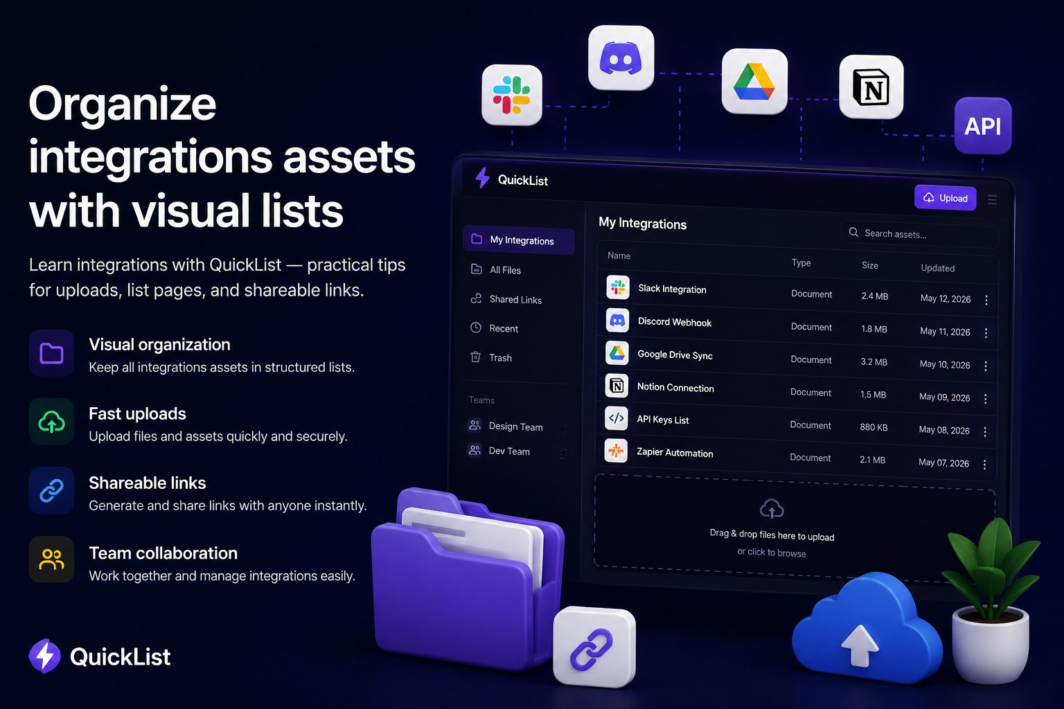 Organize mobile uploads assets with visual lists